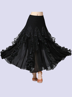 Costumes de Danse de Salon Noir Lait en Soie Paillettes Ruffles Jupe Longue Robe de Danse de Salon Déguisements Halloween