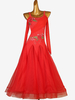 Costumes De Danse De Salon Rouge Manches Longues Femmes Élégantes Lycra Spandex Brodé Strass Robe De Danse