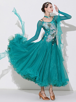 Costumes de danse de salon vert femmes Sexy Transparente col Bateau robe en Polyester fleurs strass vêtements de danse en couches