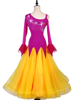 Costumes de danse du salon strass robe à volants rose femmes vêtements de danse Déguisements Halloween