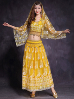 Costumes de danse du ventre femme jaune Danseuse du ventre brodée paillettes robe de performance en tulle Déguisements Halloween