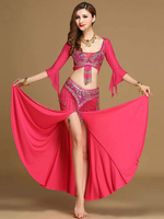 Costumes de danse du ventre femme rose rouge perles haute costume de performance de danse du ventre Déguisements Halloween