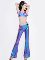 Costumes de Danse Jazz Femmes 2022 Bleu Chatoyant Bra Top Avec Pantalon évasé à Dentellet Tenue de Danse Déguisements Halloween