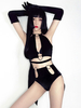 Costumes de danse jazz Femmes noires Oeillets Gants Shorts Top 3 Pièces Vêtements de danse Déguisements Halloween