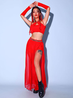 Costumes de danse jazz jupe fendue en mousseline de soie pour femmes haut vêtements de danse