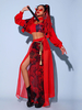 Costumes de danse jazz pour femmes Corset en polyester pardessus jupe fendue ceinture 4 pièces ensemble vêtements de danse