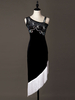 Costumes de danse latine noir perles robe asymétrique sans manches avec des glands Déguisements Halloween