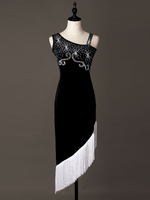 Costumes de danse latine noir perles robe asymétrique sans manches avec des glands Déguisements Halloween
