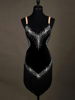 Costumes de danse latine Noir sans bretelles Strass sans manches Robes de bal latines perlées Déguisements Halloween