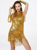 Costumes de danse latine Paillettes Tassel Femmes Polyester Robe Collier Gants Gloden Dancing Wear Déguisements Halloween