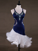 Costumes de Danse Latine Robes Deep Blue Femmes Organza Dancing Clothing Déguisements Halloween