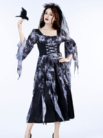 Costumes de mariée fantôme dhalloween pour les femmes noir effrayant voile polyester dentelle robe vacances costumes