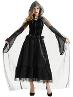 Costumes de sorcière dHalloween pour les femmes Robe longue en tulle noire Cape Polyester Costumes de vacances Ensemble complet