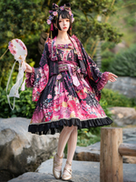 Costumes de style japonais Lolita Robes Lolita Robes Polyester Bows Imprimé Floral Kimono sans manches Black