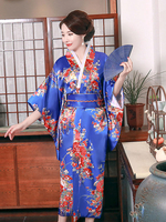 Costumes Japonais Adultes Kimono Bleu Satin Robe Oriental Set Costumes Déguisements Halloween