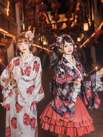 Costumes Lolita de Style Japonais Robes Lolita Polyester Volants Imprimé Floral Kimono Manches Longues Noir