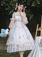 Costumes Lolita Robes Lolita Polyester Volants Imprimé Floral Style Chinois Sans Manches