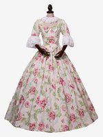 Costumes rétro abricot clair femmes imprimé floral nœuds volants Costume Marie Antoinette tunique en polyester robe ras du cou vêtements rétro Vintage