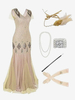 Costumes rétro abricot femmes franges paillettes Marie-Antoinette ensemble accessoires robe de bal de mascarade vintage