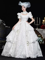 Costumes rétro blancs pour femmes robe à volants en polyester à imprimé floral couvre-chef costume rétro Marie-Antoinette vêtements vintage