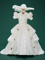 Costumes rétro blancs pour fille jacquard de fleurs volants costume Marie-Antoinette tunique en polyester chapeau robe costume de style européen du XVIIIe siècle