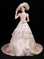 Costumes rétro champagne pour femmes imprimé floral volants nœuds costume Marie Antoinette ensemble en polyester robe chapeau robe de bal rétro