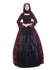 Costumes rétro femmes Dark Red Ruffle Bow Floral Print Vintage Satin Vêtements Vintage Déguisements Halloween
