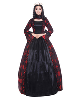 Costumes rétro femmes Dark Red Ruffle Bow Floral Print Vintage Satin Vêtements Vintage Déguisements Halloween