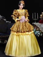 Costumes rétro jaunes pour femmes robe en polyester à volants couvre-chef costume rétro de Marie-Antoinette costume du XVIIIe siècle