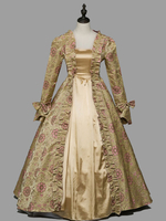 Costumes rétro marron clair femmes imprimé floral volants arcs Costume Marie Antoinette robe tunique en Polyester Costume rétro du XVIIIe siècle