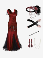 Costumes rétro noir rouge paillettes Polyester accessoire femmes vintage Marie Antoinette ensemble de robe de bal de fête