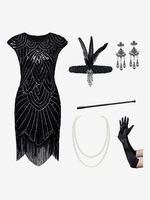 Costumes Rétro Noirs Femmes Ensemble Franges Paillettes Robe Vintage Marie Antoinette Robe De Bal