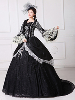 Costumes rétro noirs pour femmes imprimé floral costume Marie Antoinette volants dentelle ensemble en polyester robe chapeau costume rétro du 18e siècle