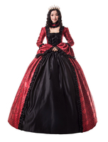 Costumes Rétro Rouge Volants Mat Satin Epoque Victorienne Style Robe Imprimé Floral Femmes Vêtements Vintage Déguisements Halloween