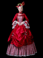 Costumes rétro rouges pour femmes en dentelle à volants en dentelle polyester Marie Antoinette Costume ensemble robe ras du cou Costume rétro du 18e siècle