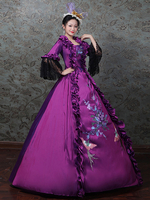 Costumes rétro violets pour femmes en dentelle à volants en dentelle Costume Marie Antoinette Ensemble en polyester Robe Chapeau Costume rétro du 18e siècle