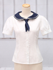 Coton blanc Lolita Blouse manches courtes Navy Blue tour Turn-down col Déguisements Halloween