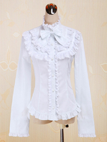 Coton blanc Lolita Blouse manches longues Stand collier dentelle Ruffles Bow Déguisements Halloween