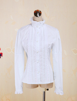 Coton blanc Lolita Blouse manches longues Stand collier dentelle Ruffles garniture Déguisements Halloween