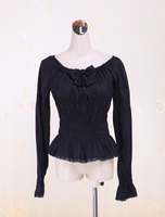 Coton noir Lolita Blouse manches longues Shirring dentelle Bow Trim ronde collier Déguisements Halloween