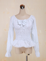 Cou de coton Lolita Blouse longue manches fronces noeud carré blanc Déguisements Halloween