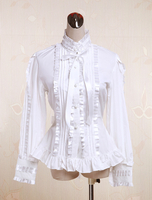 Couches de coton blanc Lolita Blouse manches longues Stand Colalr dentelle Bow volants Déguisements Halloween