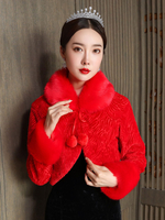 Couverture de mariage rouge manches longues col rabattu fausse fourrure Pom Poms Cover Up