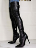 Cuissardes à Talons Hautes Fins Femmes Hivers à Cuir Synthétique avec Bout Pointu à Zip Décors avec Boucles Unicolore Sexy