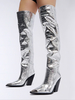 Cuissardes Argentées Femmes Bout Pointu Talon Épais Bottes Hautes