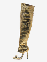 Cuissardes Argentées Or Serpent Vernies Femme Bout Découpé Chaussures Hautes Talon Aiguille