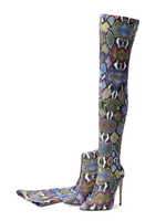 Cuissardes au genou bout pointu vert imprimé serpent talons aiguilles bottes dhiver pour femmes