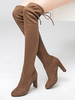 Cuissardes belles à talons épais en satin stretch poncé unicolore élastique avec lacets en peluche courte artificielle