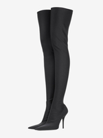 Cuissardes Bottes Hautes Élastiques Noires En Satin Femmes À Bout Pointu Talons Hauts