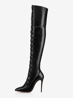 Cuissardes Bottes Noires Sexy Femme Bout Pointu Lacets Talon Aiguille